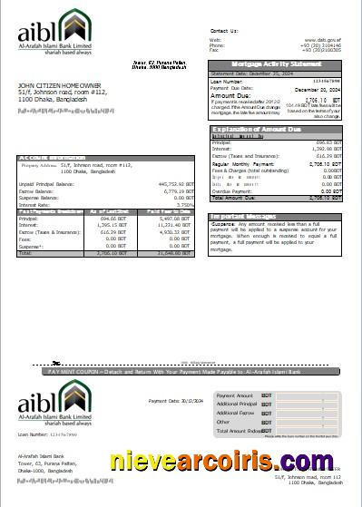 Bangladesh Al-Arafah Islami Bank mortgage statement